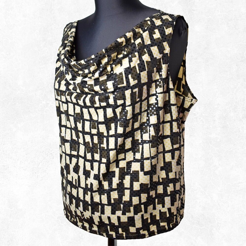 Mixit Stretch Sleeveless Top Women's Large Geometric Print Shimmery Drape Neck